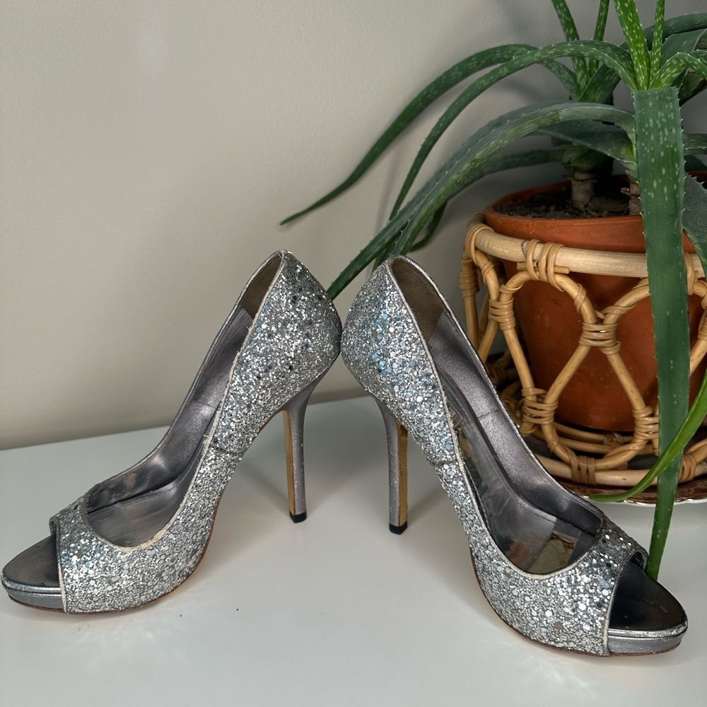 ✨ Miu Miu Silver Glitter Peep-Toe Heels 36.5 (US 6.5) Designer Party Shoes Italy - Picture 3 of 13